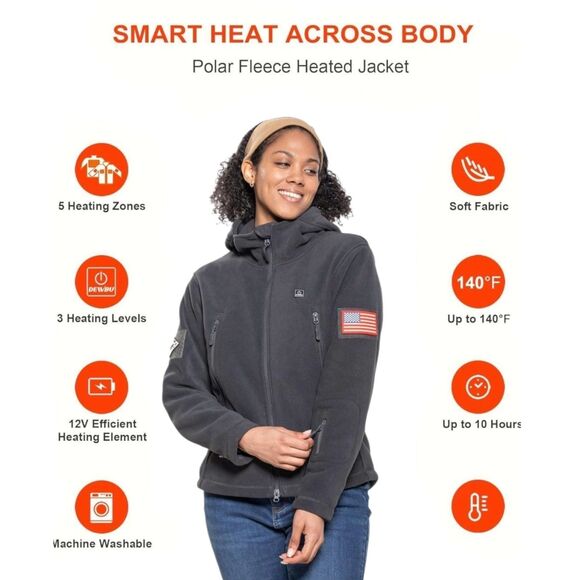 Dewbu Heated Hooded Parka Polar Fleece Jacket XL - 12V Battery & 3 Heat Settings - Picture 12 of 14